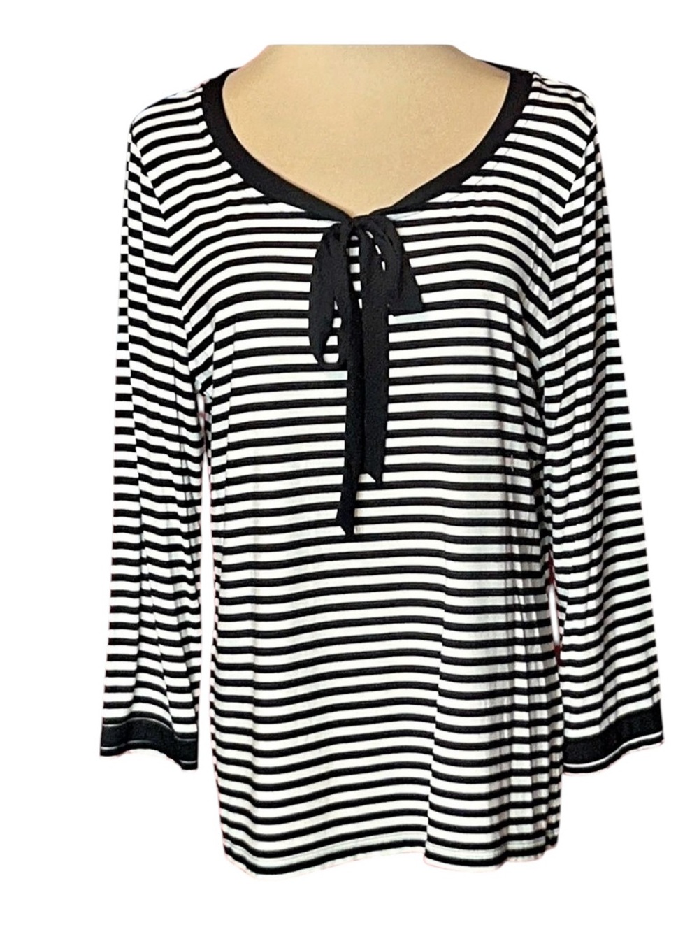 Talbots Tie-Front Top - Camden Stripe Striped Tunic Black & White Large
